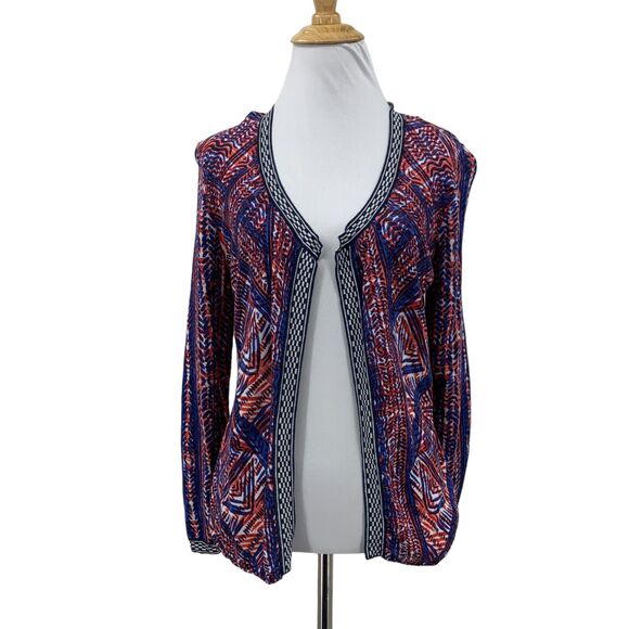 Nic + Zoe Knit Cardigan Womens S Small Open Front Geometric Trim Linen Blend - Picture 1 of 12